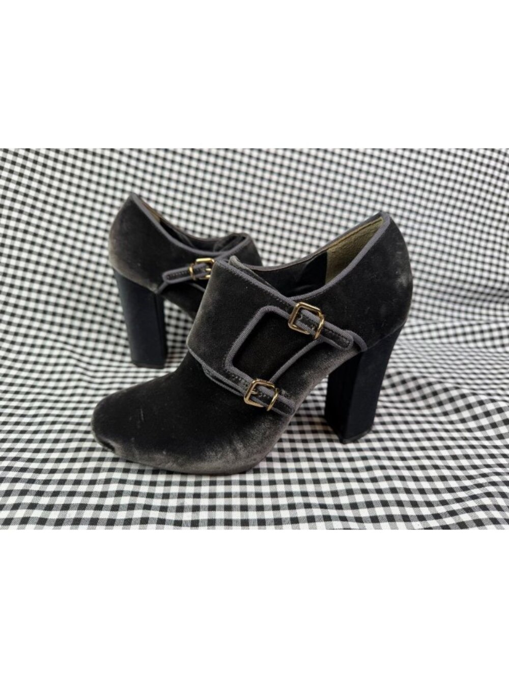 Tory Burch Carley Monk Strap Boots Womens 8 Black Velvet Block Heels Retro